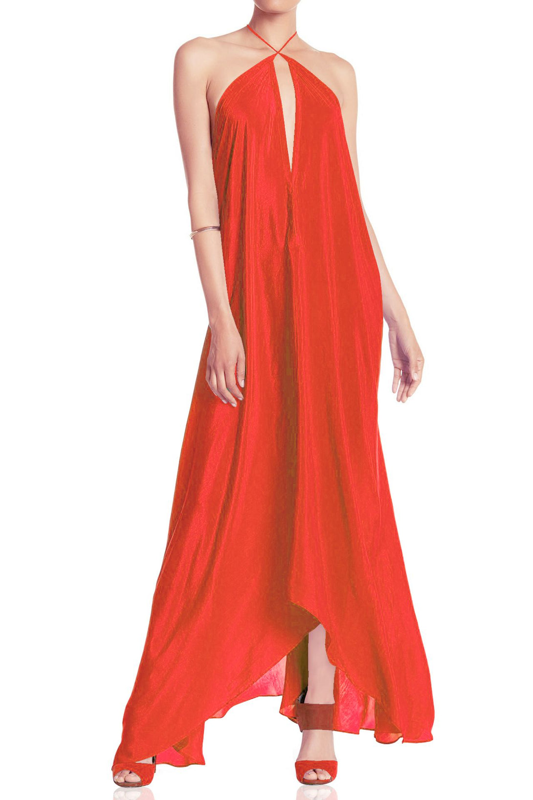  orange satin maxi dress, Shahida Parides, beach maxi dress, long summer dresses, backless maxi dress,