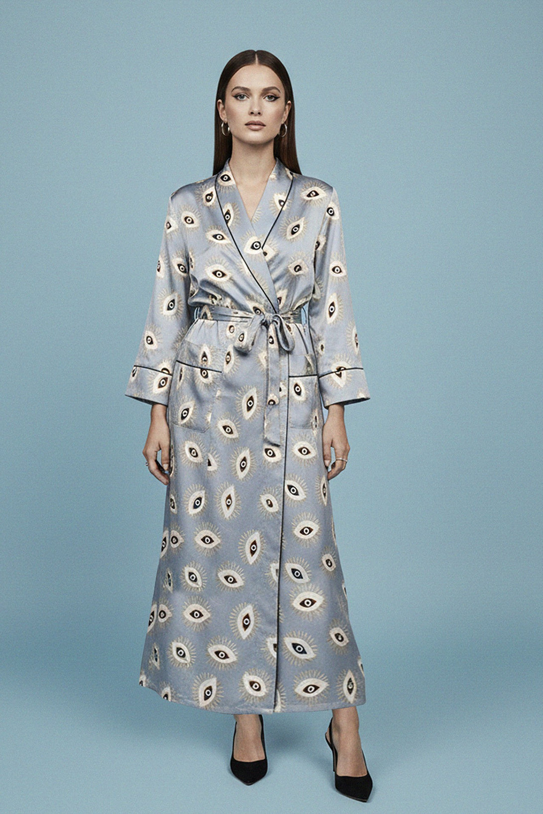 shahida parides, luxury island wear, long grey kimono, womens printed robe, designer chic, resort outfit, boho elegance