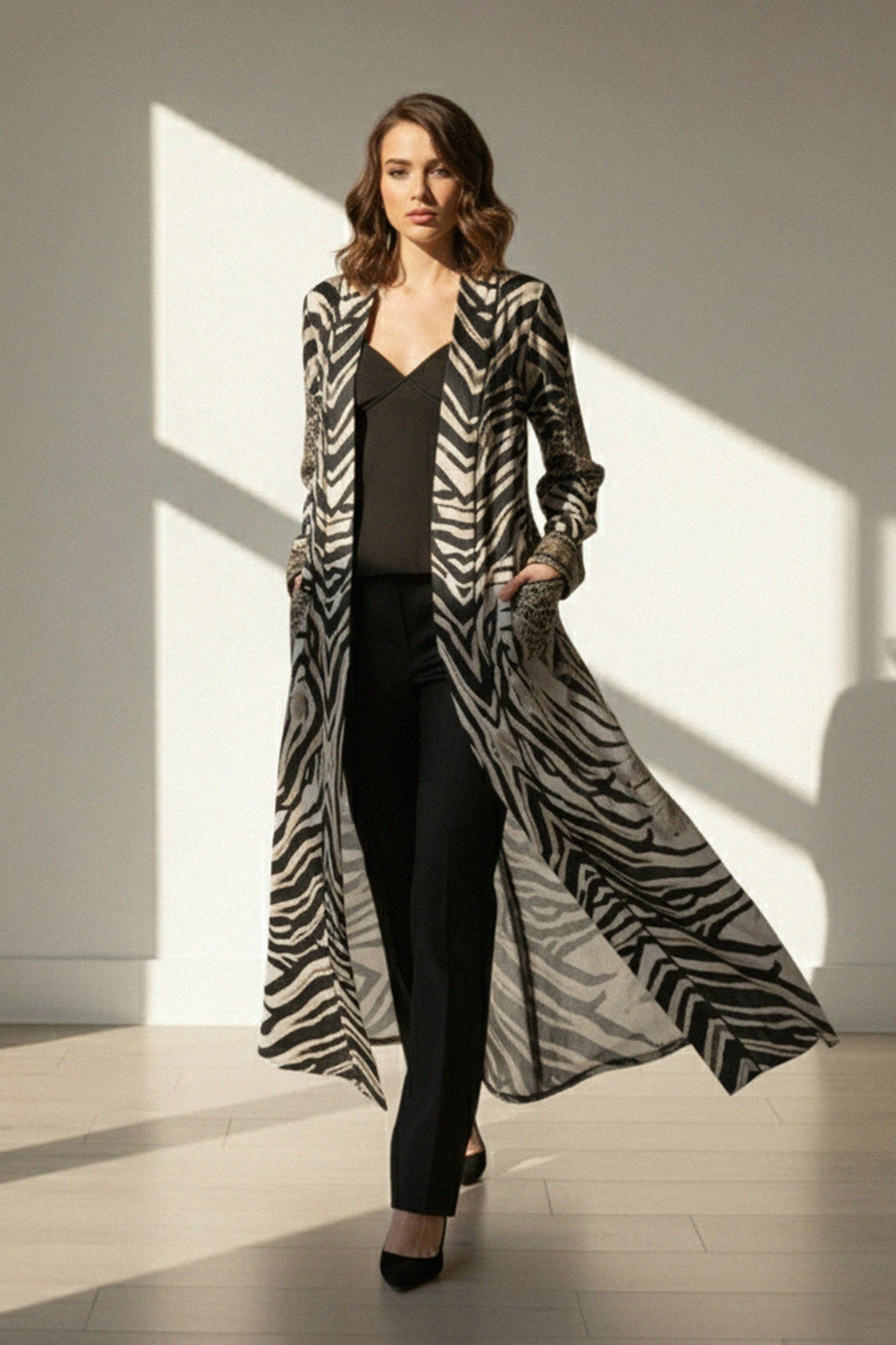 zebra motif, luxury kimono, fashion duster, modern chic, studio light, soft tones
