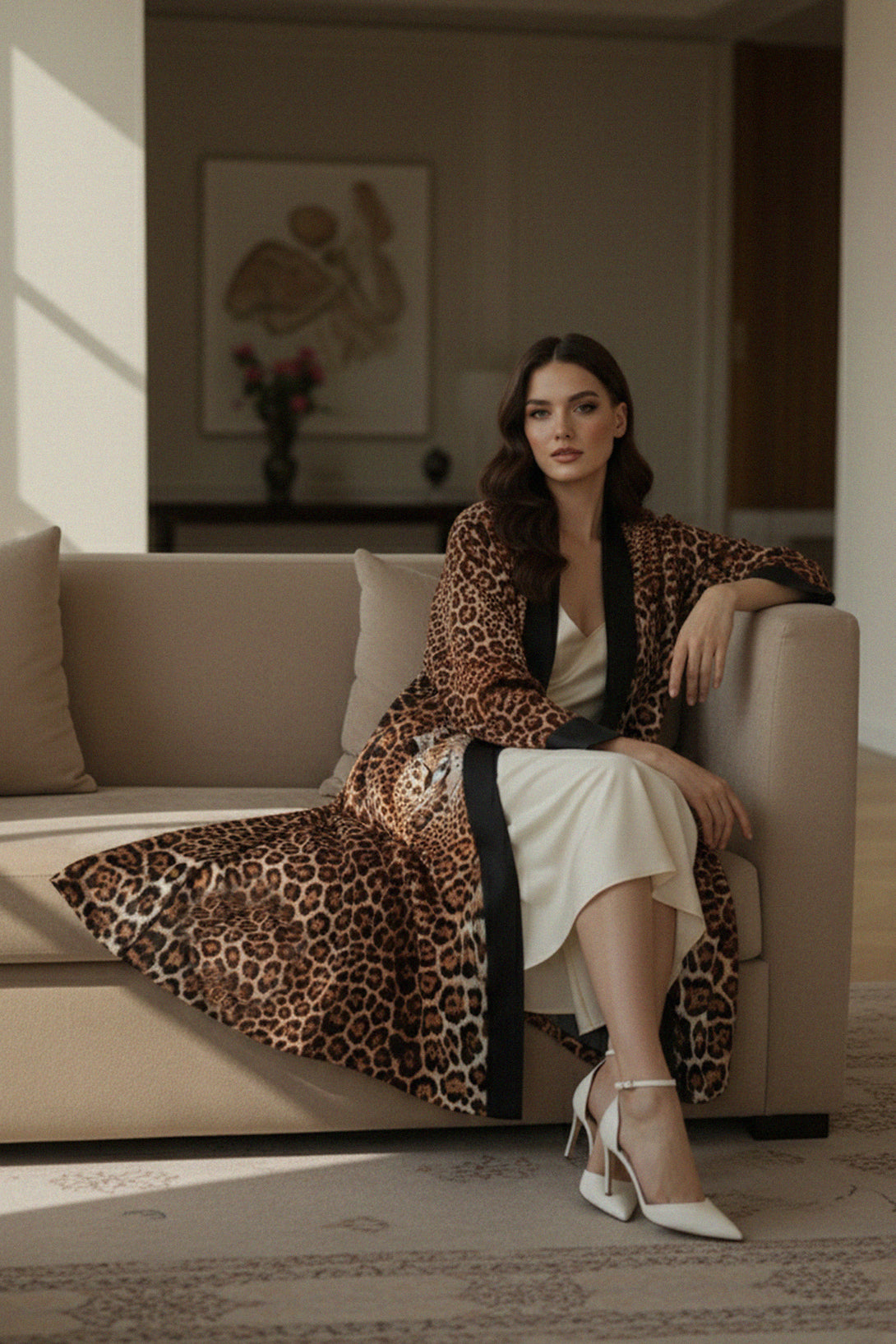 long leopard robe Shahida-parides, silk animal kimono, womens luxury robe, designer silk kimono, chic animal print