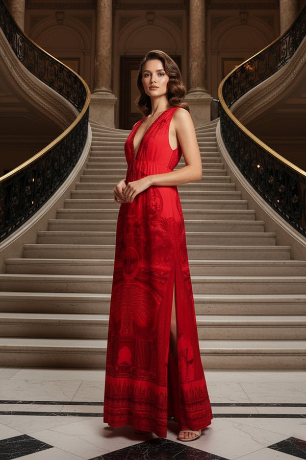 Red V-Neckline Long Dress