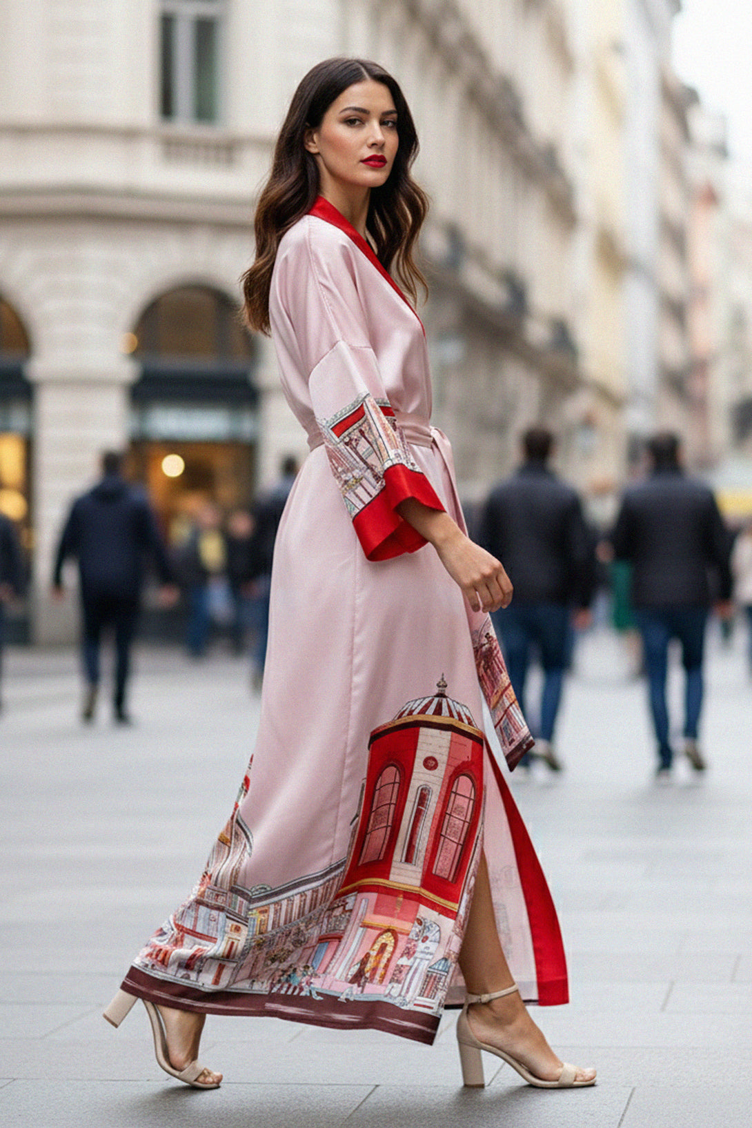 long silk robe, red designer robe, premium printed kimono, Kyle x Shahida silk wear, women luxury robe, elegant silk kimono print