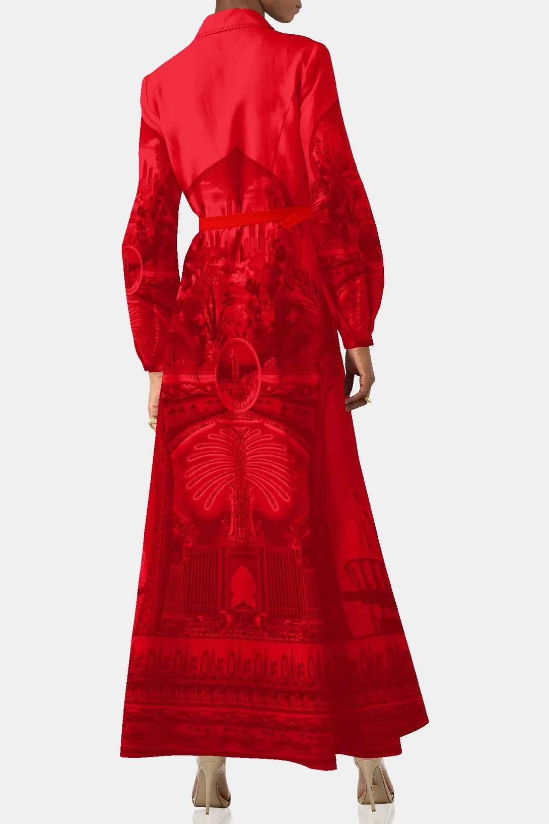 Shahida Parides red long sleeve shirt dress for women, stylish button down maxi dress