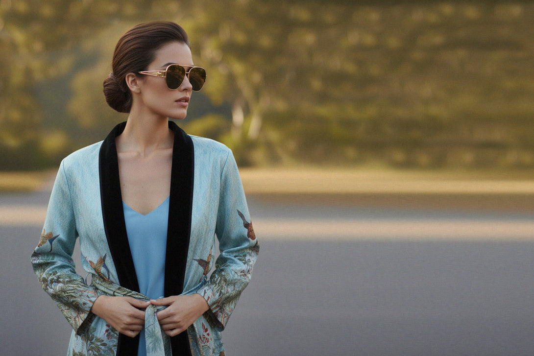 long silk robe, nature print kimono, shahida parides, santorini inspired, womens designer robe, luxury silk wear, designer kimono