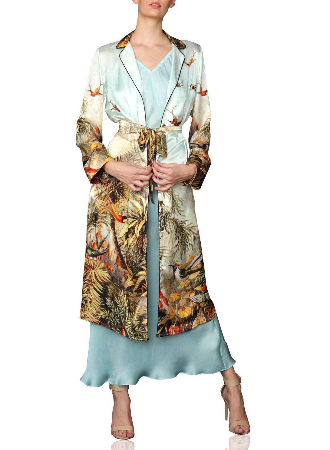 long silk robe, bird print robe, lounge collection wear, luxury silk coat, designer robe jacket, elegant silk layer