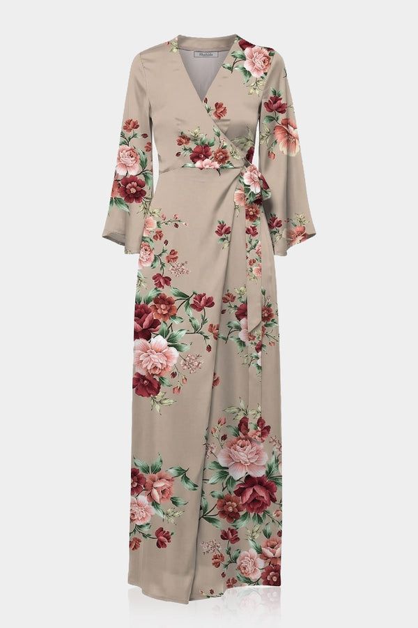 Standard / S Taupe Floral Satin V-Neck Wrap Maxi Dress for Fall Garden Parties & Wedding Guests