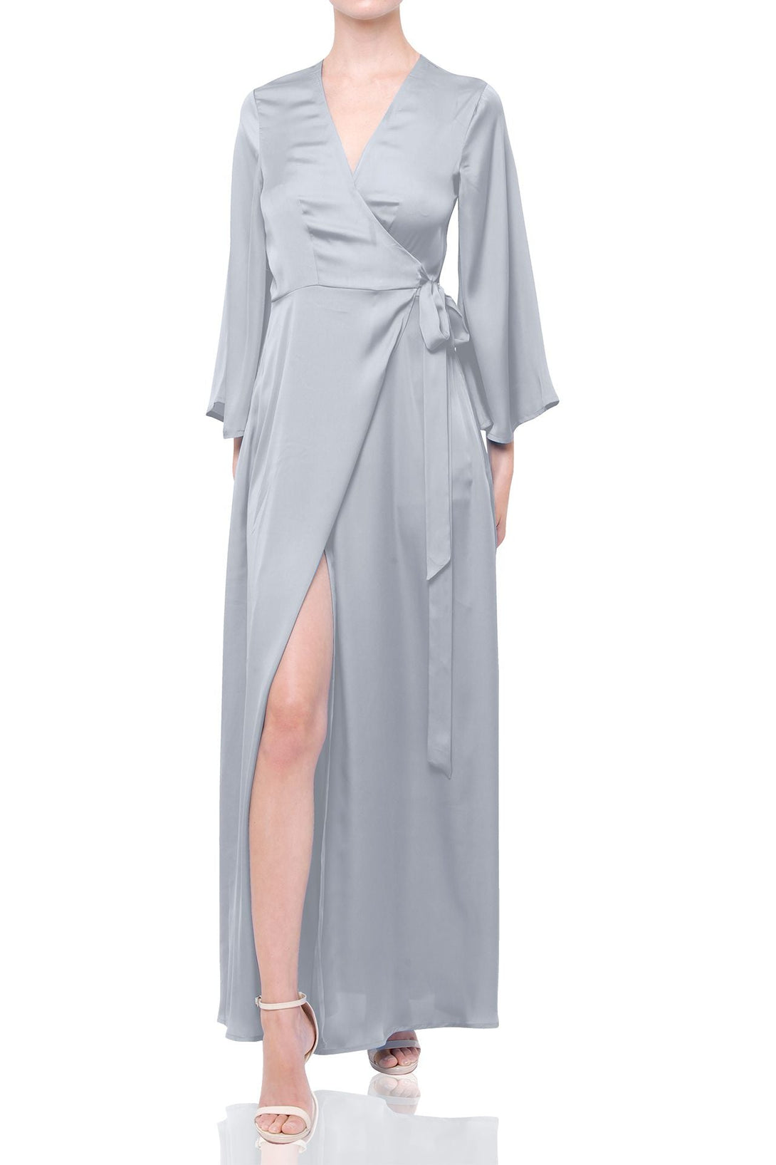 silver long sleeve wrap dress S Silver Grey Elegant Wrap Maxi Dress for Evening & Bridesmaid