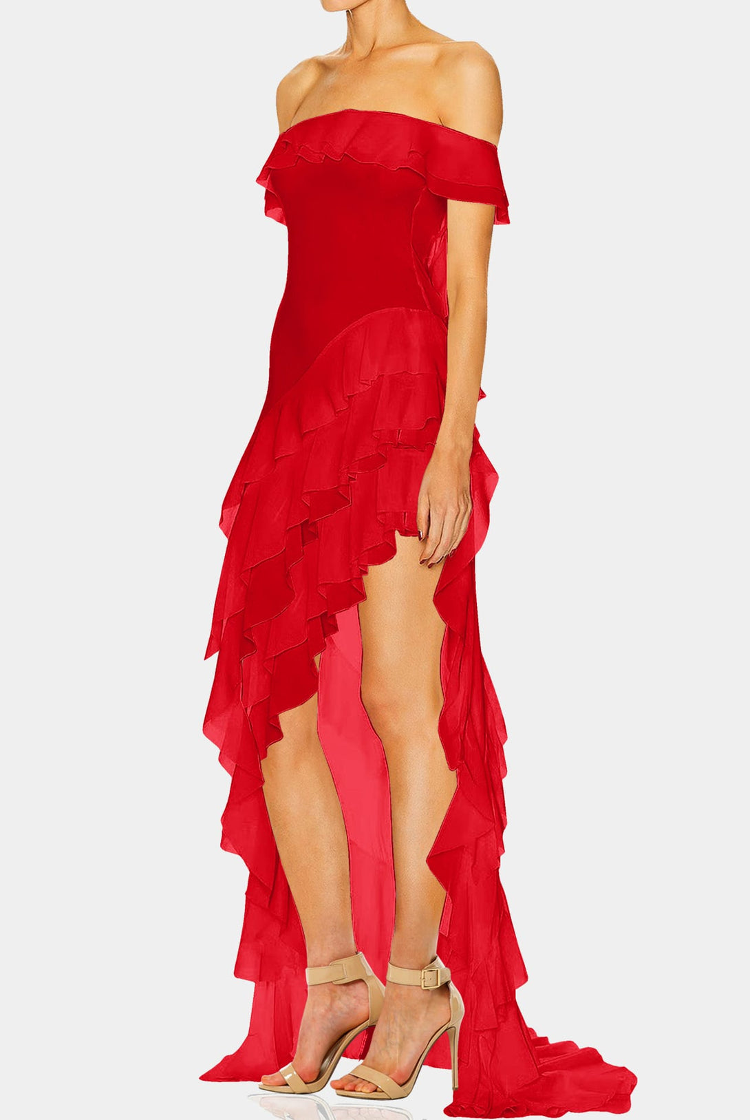 off the shoulder red summer dress Cha Cha Off Shoulder Thigh Split Maxi Dress Red