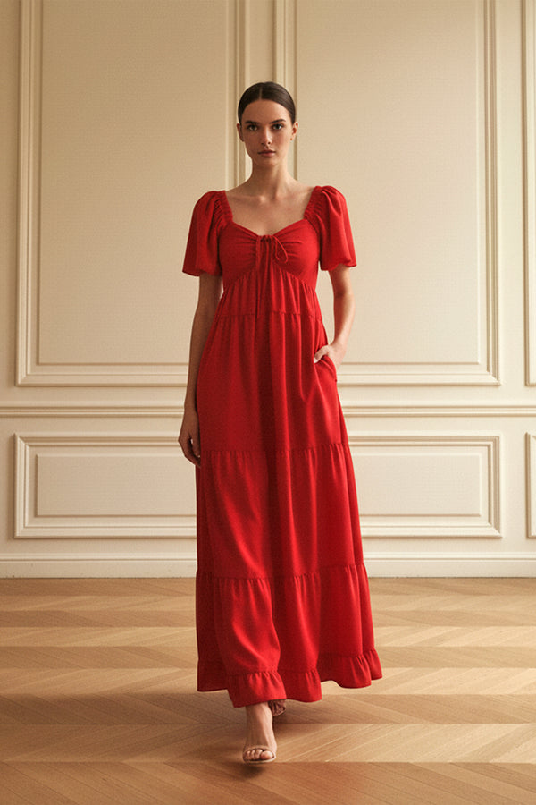 Red Tiered Deep Neckline Dress