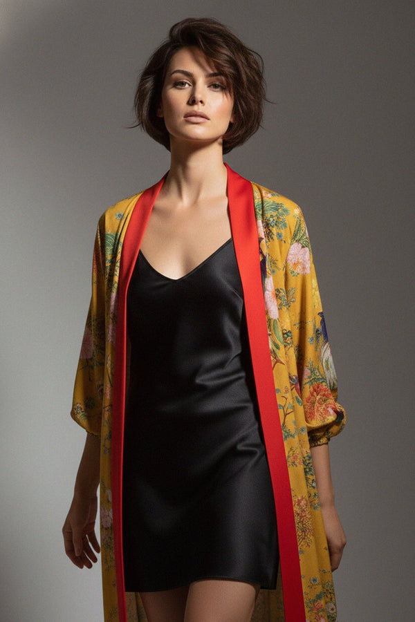 long silk robe, yellow kimono, red trim wrap, floral print robe, womens luxury wear, elegant lounge style