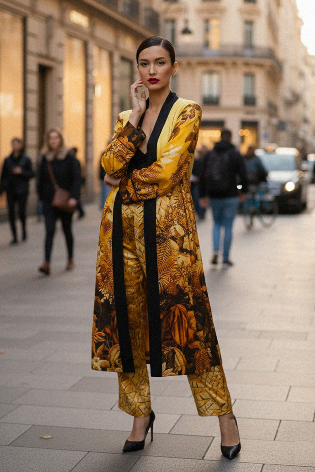 yellow silk kimono, resort chic womenswear, neutral decor robe, chic silk robe, modern womens kimono