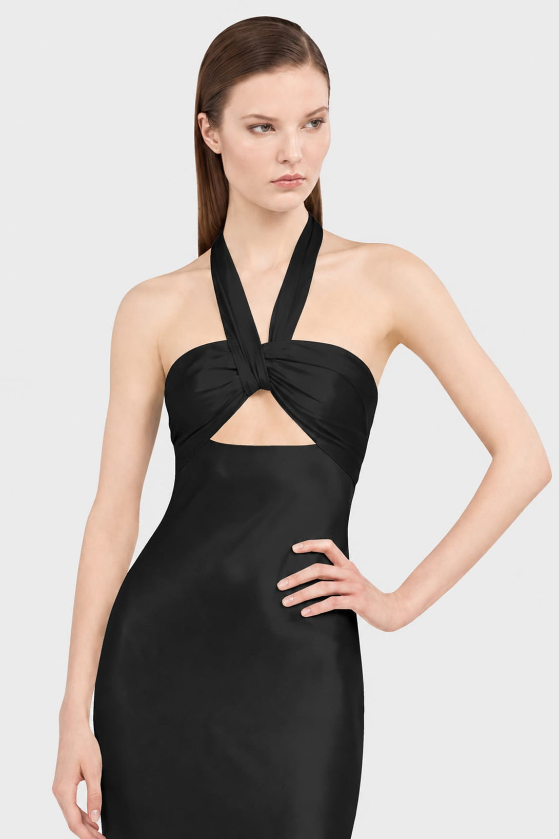 black matte satin dress S Luxury Ruched Halter Maxi Size:6P Fit Model is 5’7 Collection- Formal & Black Tie How to Style Colorful