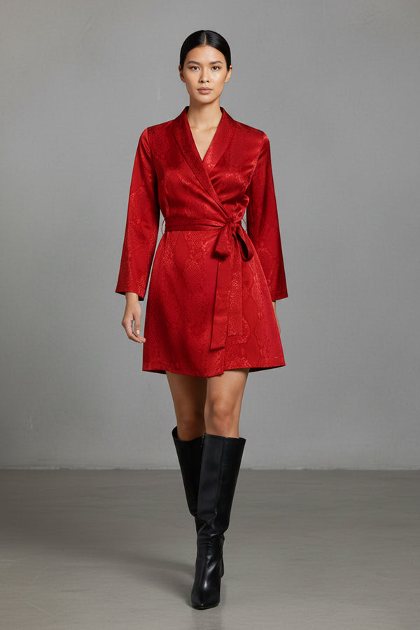 luxury mini dress, womens eco style, blood stone color, shahida kyle designer, vegan silk wear, wrap mini outfit