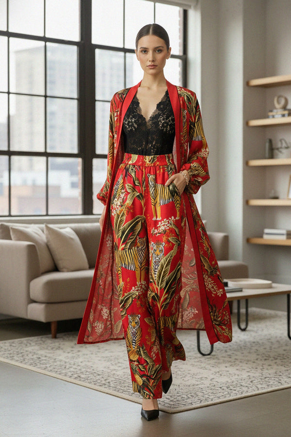 high waist pants, silk trousers women, printed designer pants, kyle x shahida, luxury resort wear