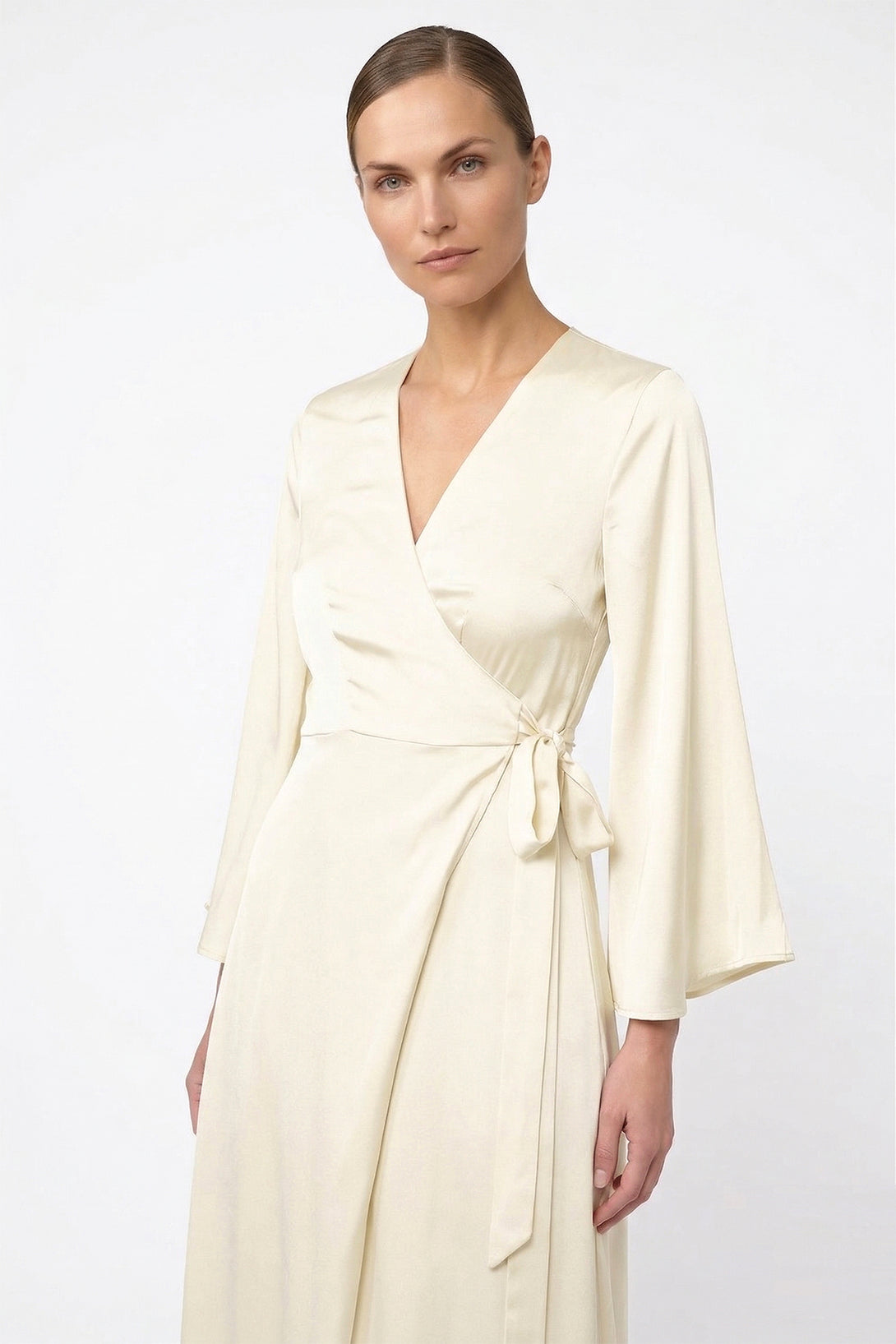 ivory satin wrap dress Ivory Silk Satin True Wrap Maxi Dress Long Sleeves for Courthouse Wedding or Elopement