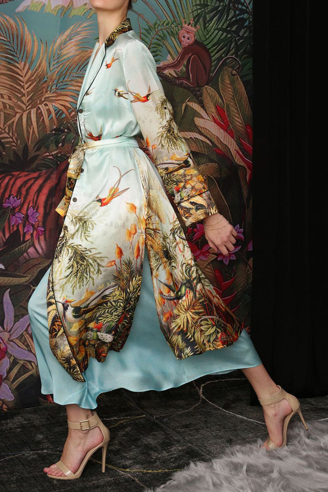luxury silk robe, long silk robe, bird print robe, lounge collection, silk loungewear, nature print robe