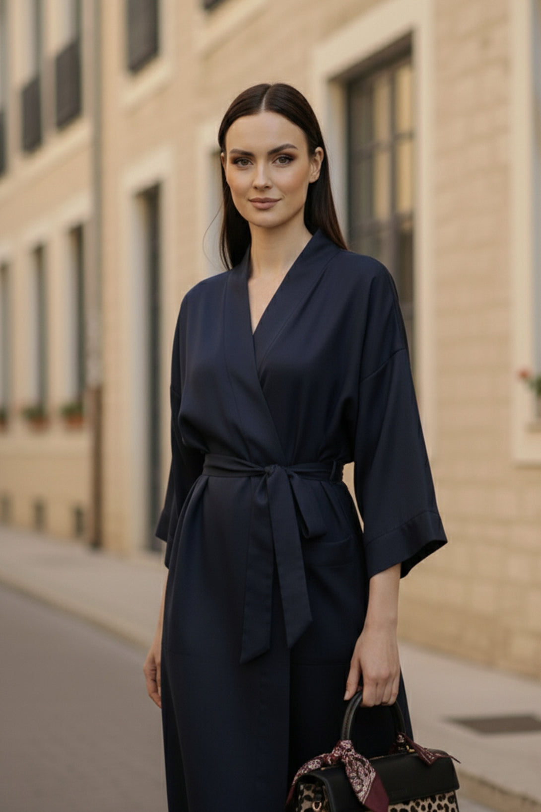 luxury navy dress, elegant wrap midi, chic boot outfit, upscale women fashion, navy street look