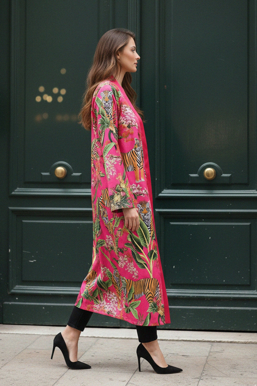 kimono robe, tiger design, shahida-kyle-richards, women's fashion, chic style, tropical print, luxury vibe