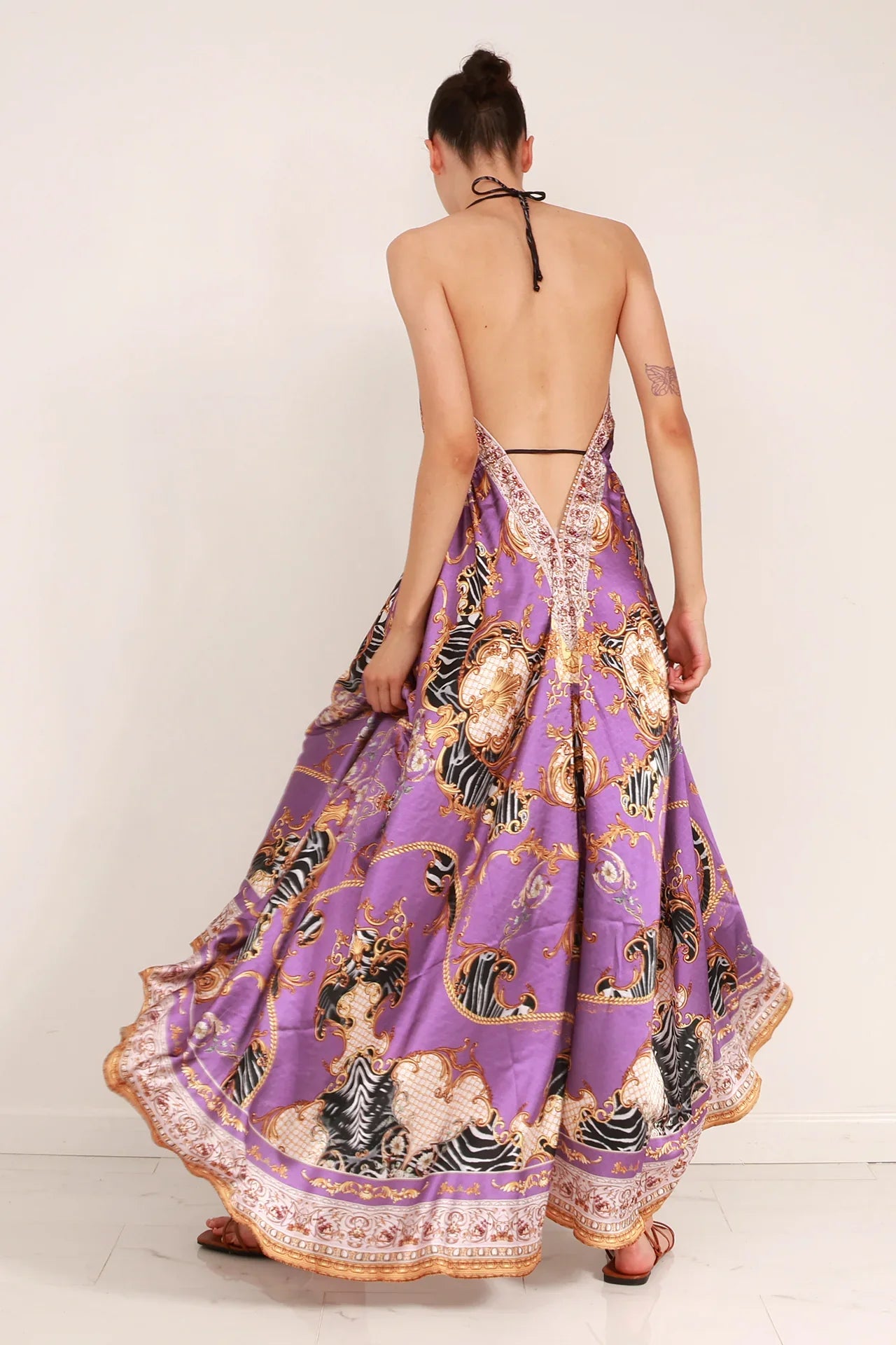 strapless open back dress Purple Scarf Print Halter Maxi Dress – Shahida – Shahida Parides