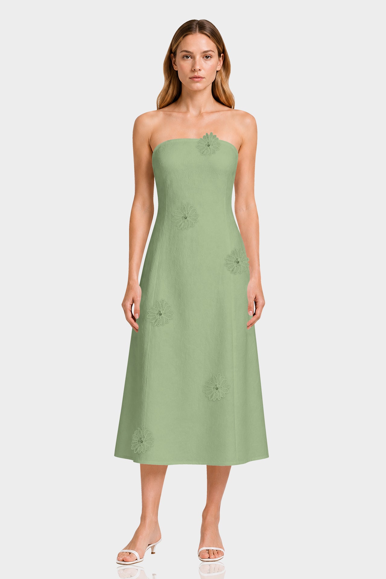 S Sage Green Strapless Cotton Midi Dress with Handcrafted Floral Detail