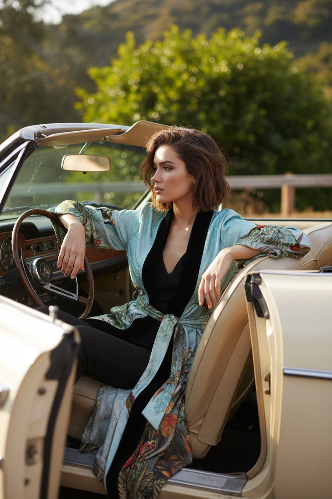 luxury silk wear, women kimono coat, nature themed robe, elegant layering outfit, blue patterned kimono