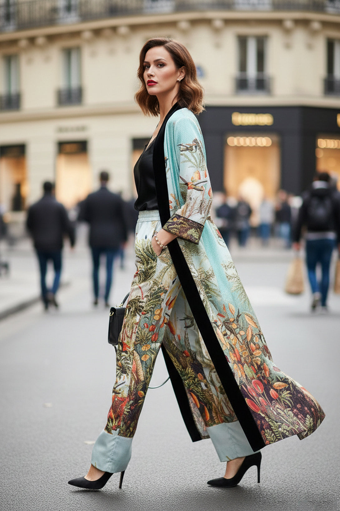 nature print robe, shahida parides, santorini trench coat, printed silk robe, resort chic fashion, designer womenswear