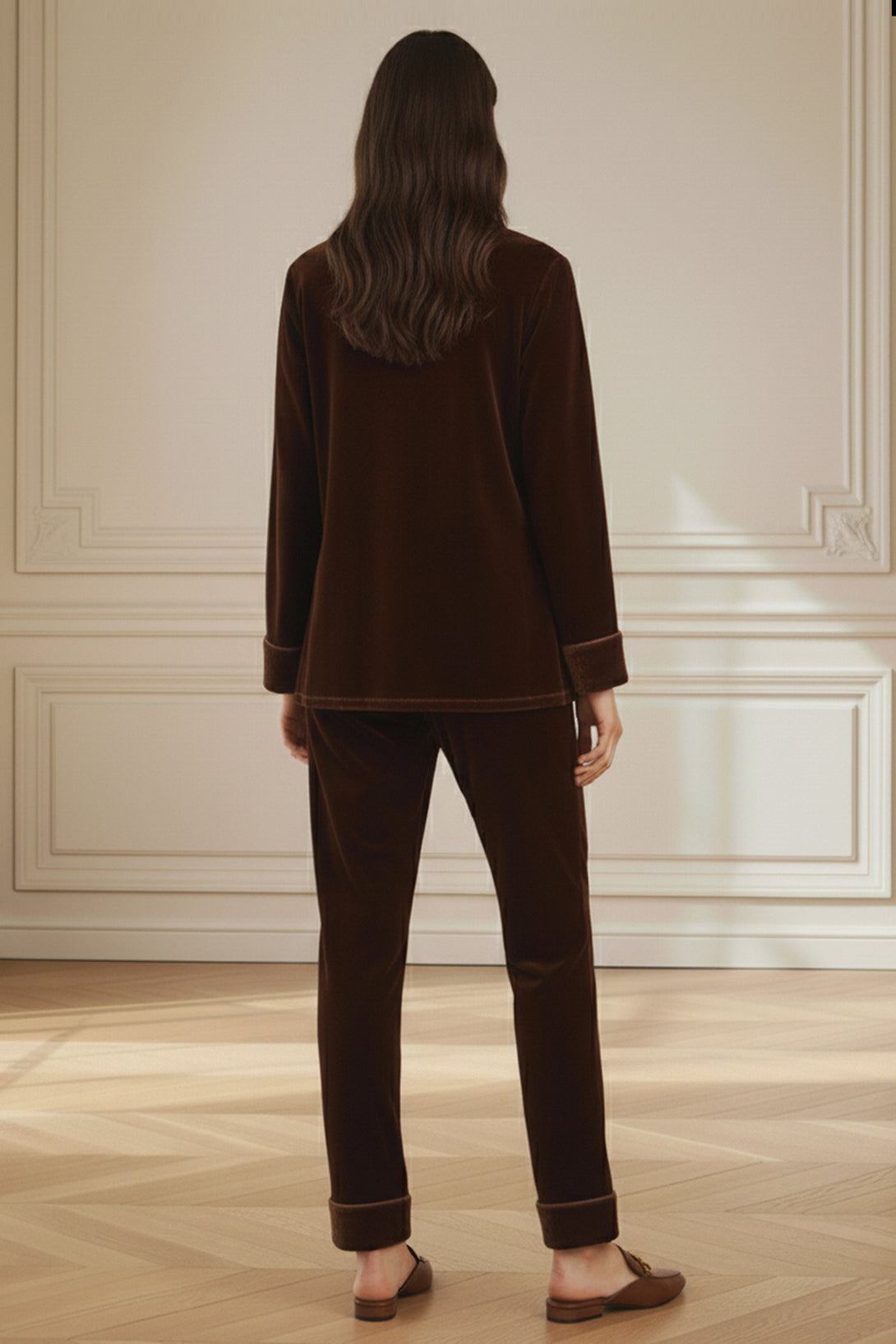 back pose view, chocolate velvet, luxury loungewear, women’s pajamas, velvet lounge suit, cozy homewear