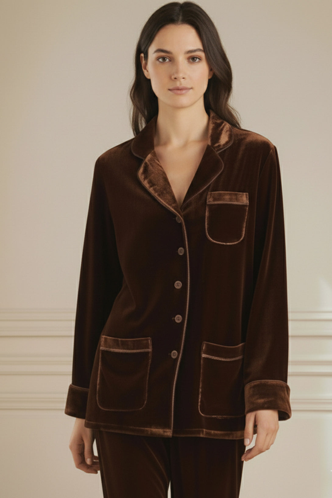 premium velvet suit, soft brown attire, luxe homewear women, cozy evening set, velvet comfort wear