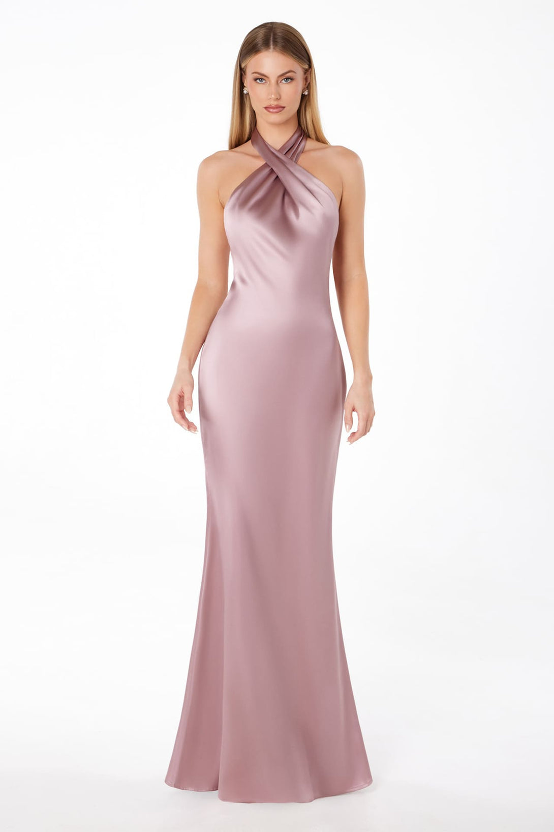 Back-Bow Long Satin Prom Dress with Criss-Cross Halter Mauve / Small Back-Bow Long Satin Prom Dress with Criss-Cross Halter Mauve / Small