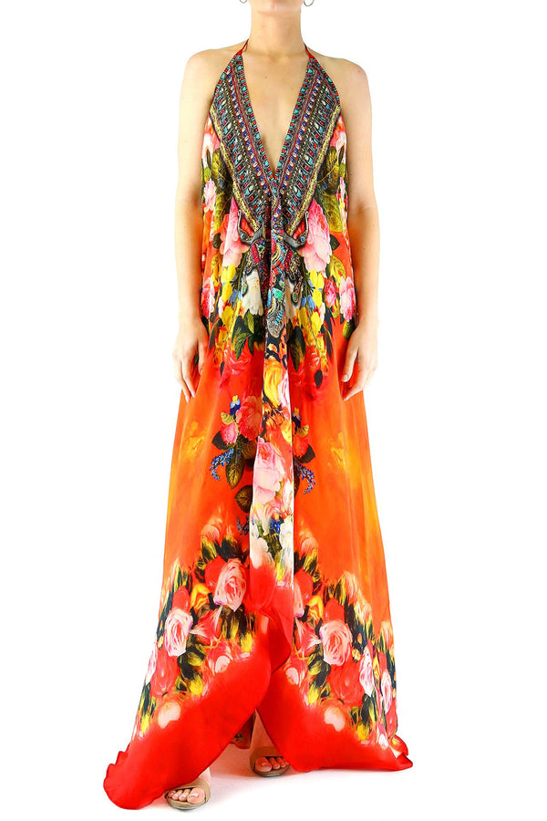   orange maxi dress, long silk dress, Shahida Parides, halter maxi dress, long flowy dresses,