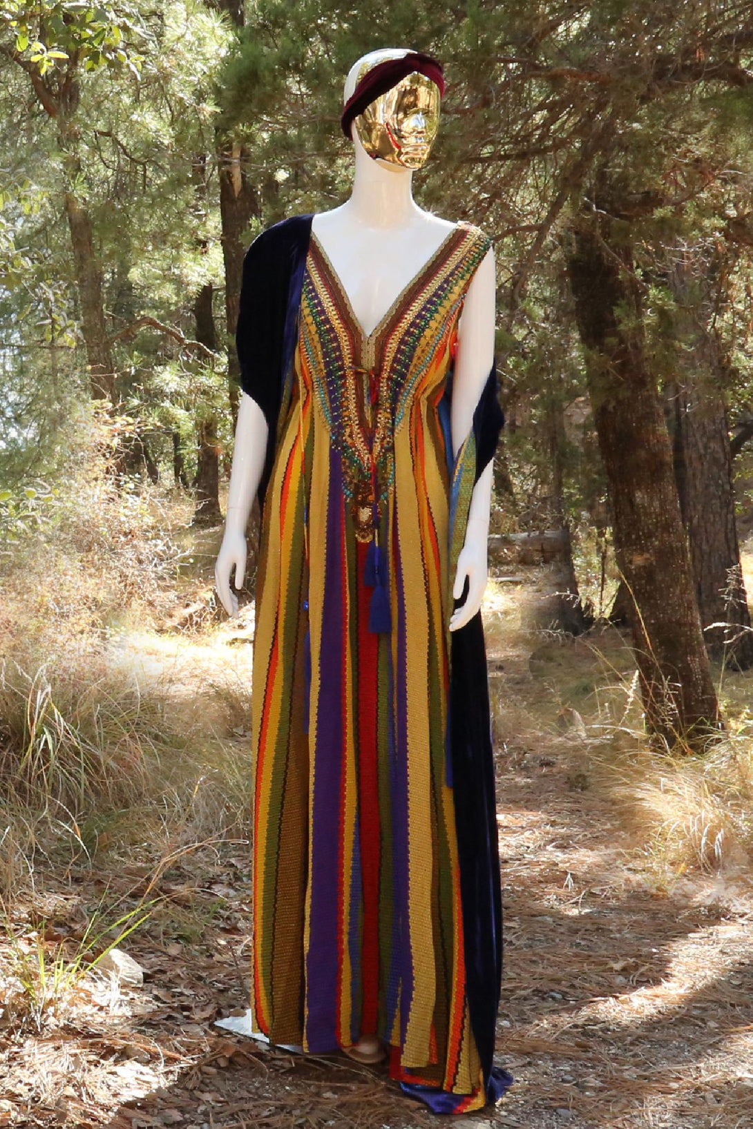  multi coloured maxi, plunging v neck formal dress, Shahida Parides,