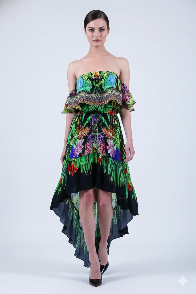 Small-Medium Caviar Black Printed Ruffle Off Shoulder Dress