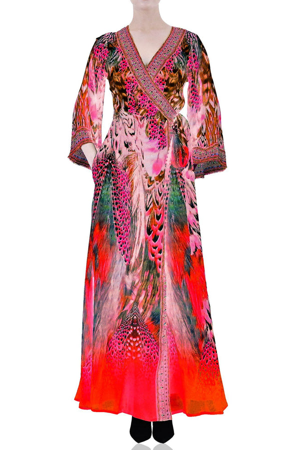 wrap maxi dress, silk wrap dress long sleeve, Shahida Parides, maxi womens wrap dress,