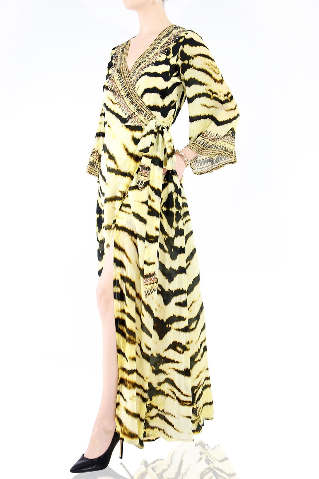  wrap evening dresses, maxi wrap long sleeve dress, Shahida Parides, plus size long wrap dress,
