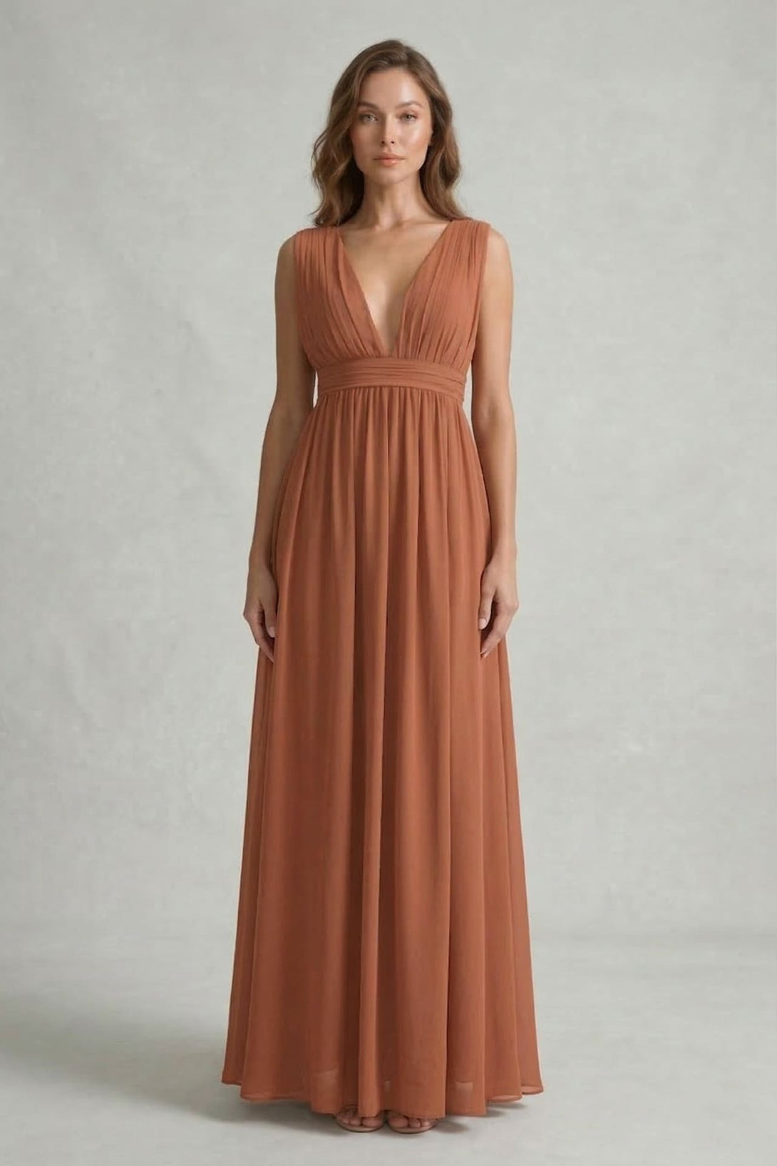 Copper Bridesmaid Dress V-Neck Metallic Maxi
