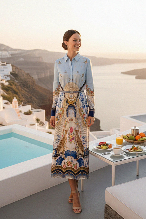 Blue Long Sleeve Midi Shirt Dress