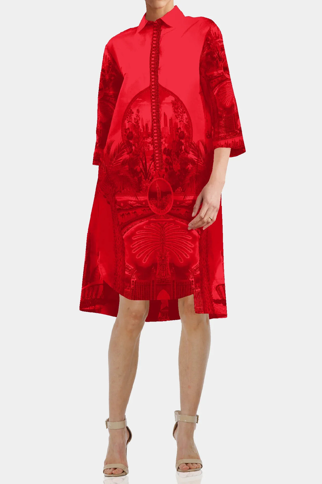 Shahida Parides red midi dress for women with mid-length cut and sleeves, designed for a stylish and confident look