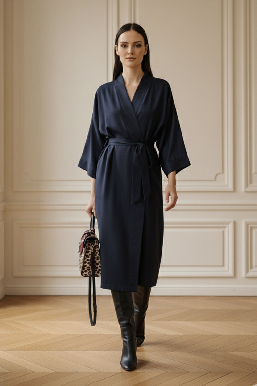 belted wrap dress, navy kimono dress, chic city outfit, stylish fall fashion, elegant women wear