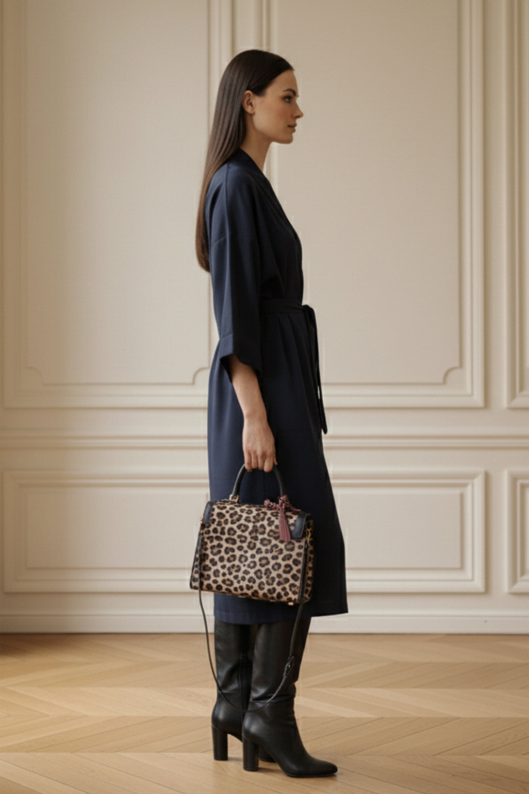 navy wrap dress, right pose model, elegant midi dress, belted women style, kimono sleeve dress