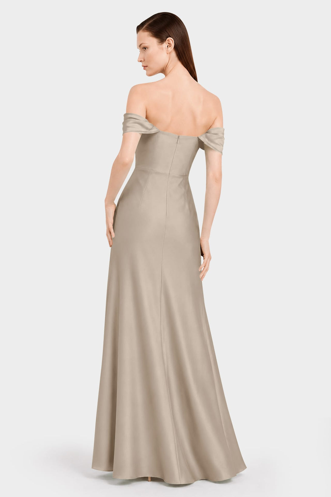 S Luxury Taupe Satin Column Maxi Dress with Draped Bodice and Side Slit