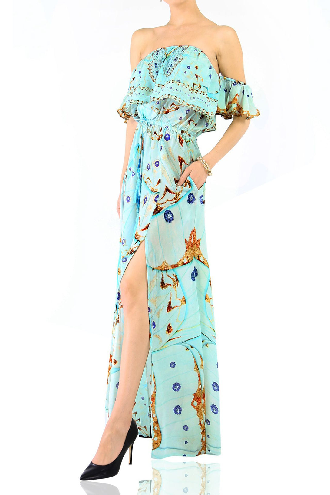  mint prom dress, Shahida Parides, off the shoulder dress with sleeves, long formal dresses,