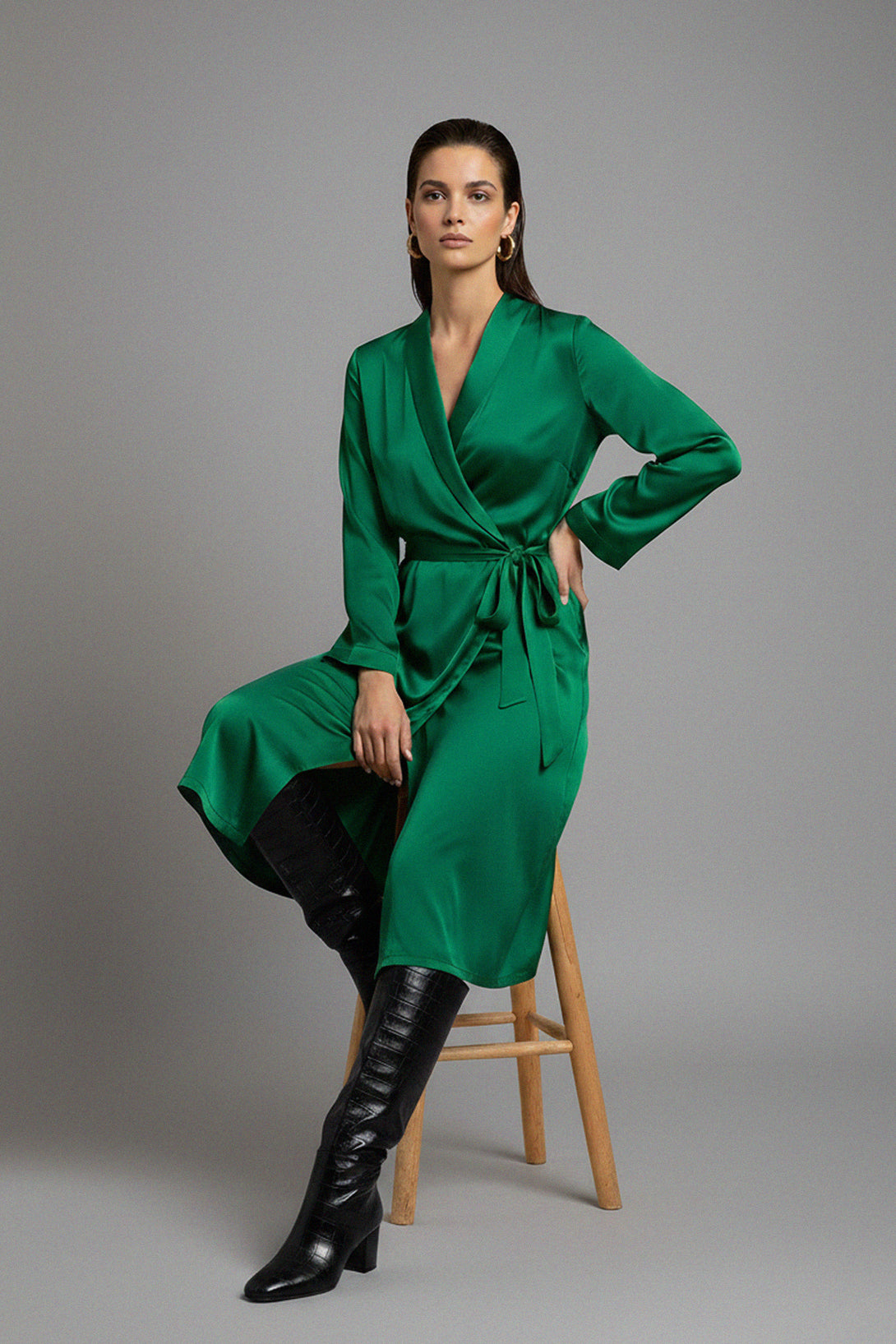  green midi wrap, vegan silk design, Shahida Parides dress, soft luxury fabric, eco chic outfit, elegant silhouette, designer midi, modern feminine style, sustainable fashion, chic robe, premium fabric