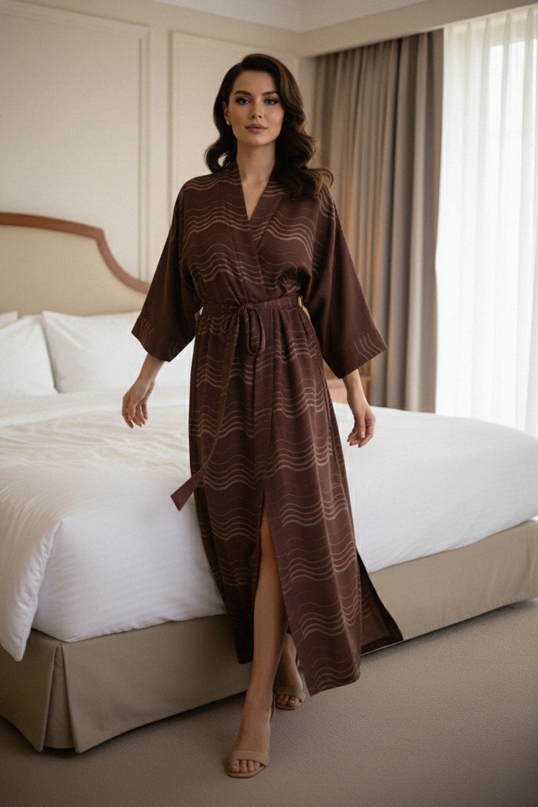 luxury stripe kimono, brown lounge robe, soft satin kimono, elegant bedroom wear, modern stripe design