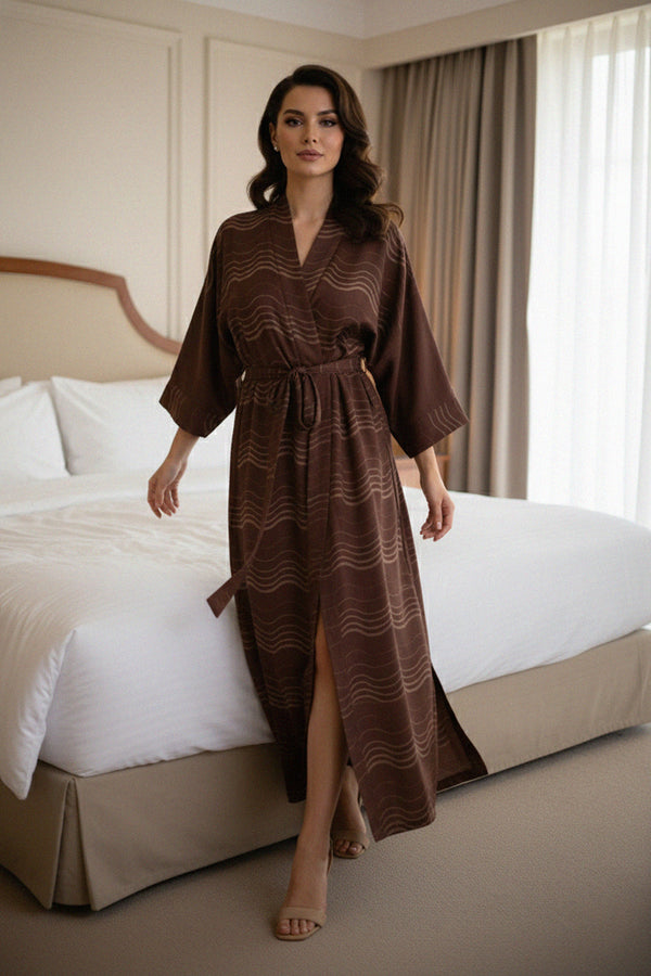 luxury stripe kimono, brown lounge robe, soft satin kimono, elegant bedroom wear, modern stripe design