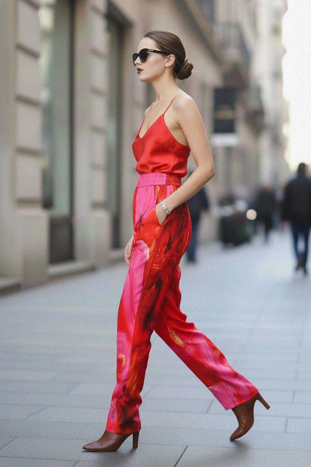 bold color fashion, printed silk pants, premium streetwear, stylish women attire, high-fashion inspiration