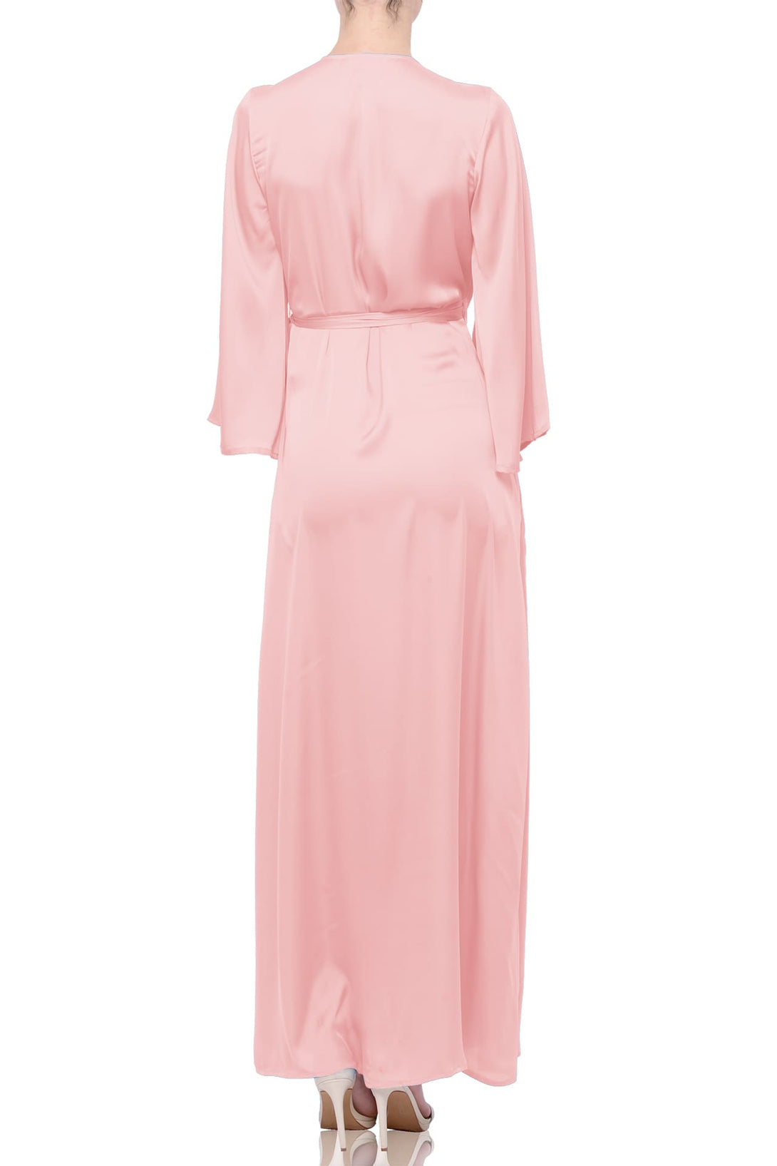 S Blush Pink Satin Wrap Bridesmaid Maxi Dress with Slit – Long Sleeve