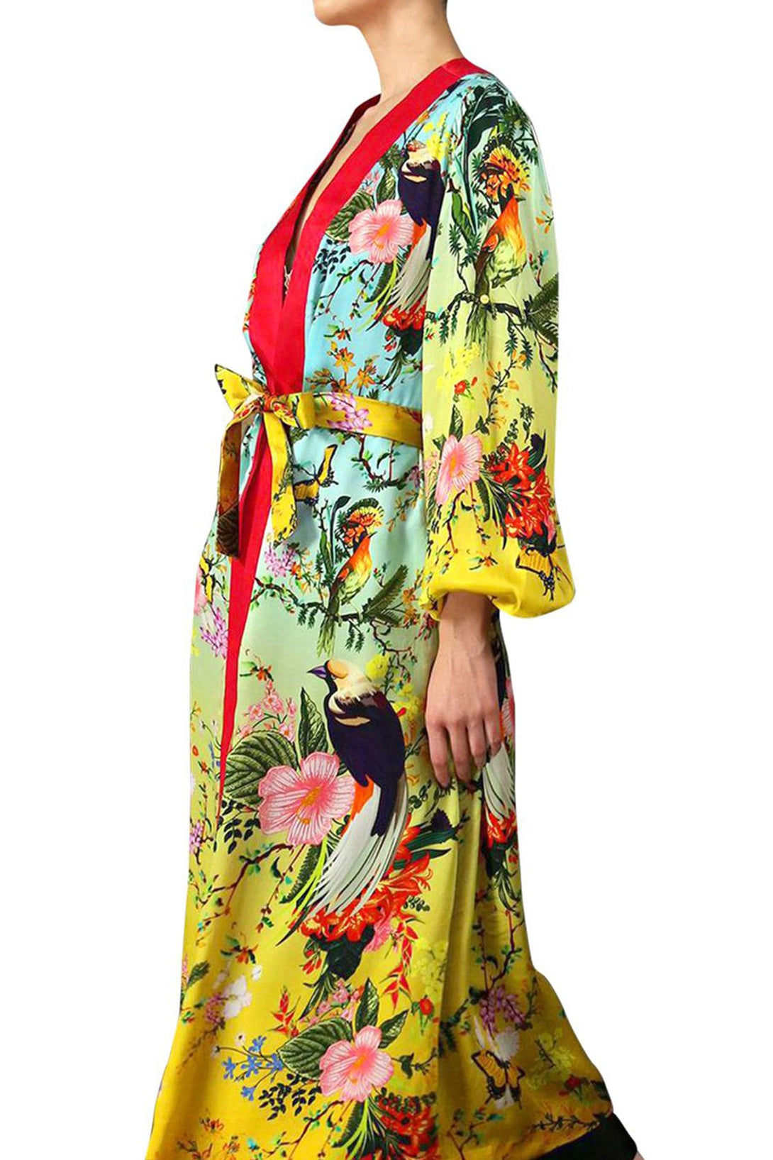 Kyle X Shahida, womens long kimono robe, long silk robe, designer kimono, silk green robe, silk yellow robe
