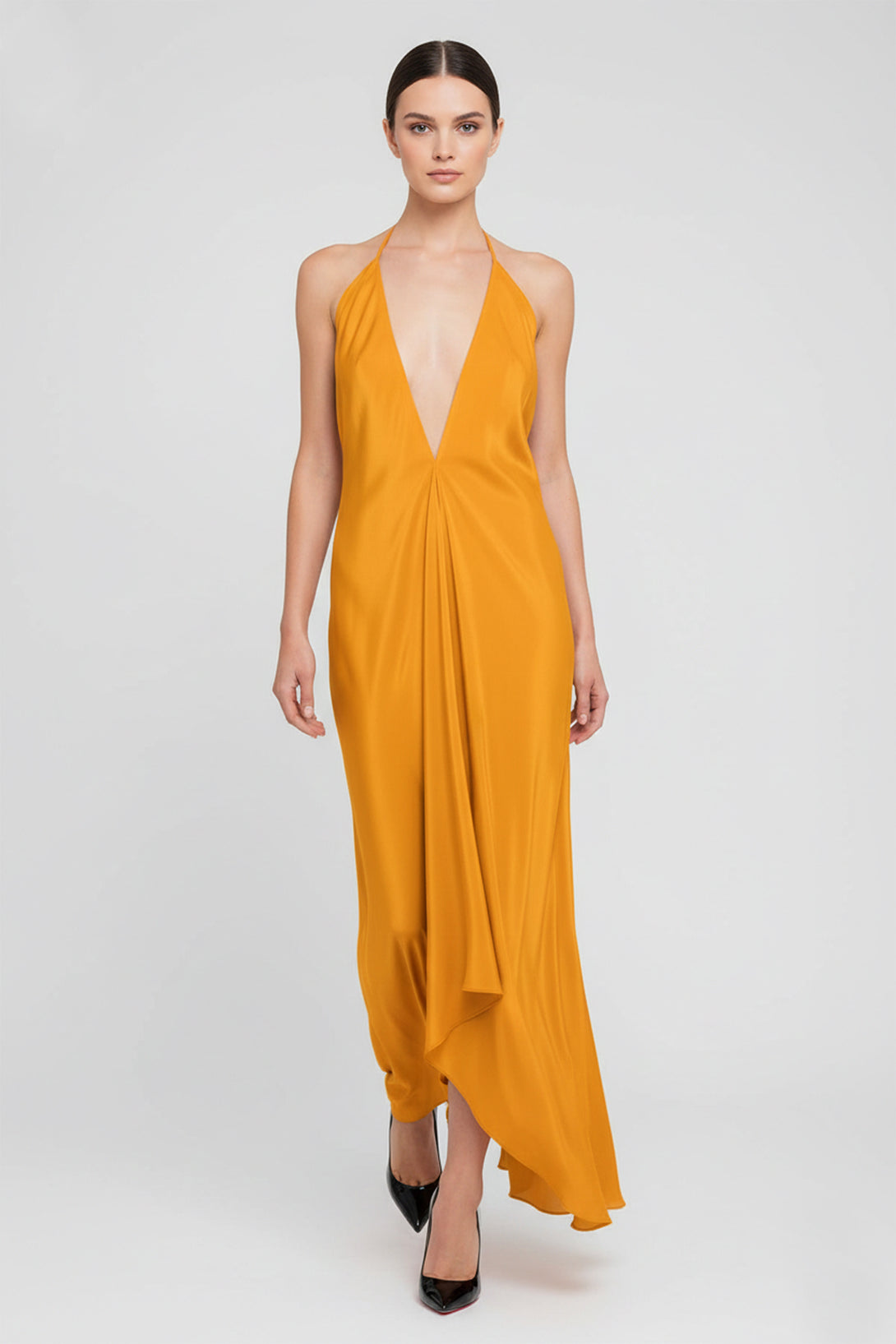 One Size Mustard Chiffon Maxi Handkerchief Dress
