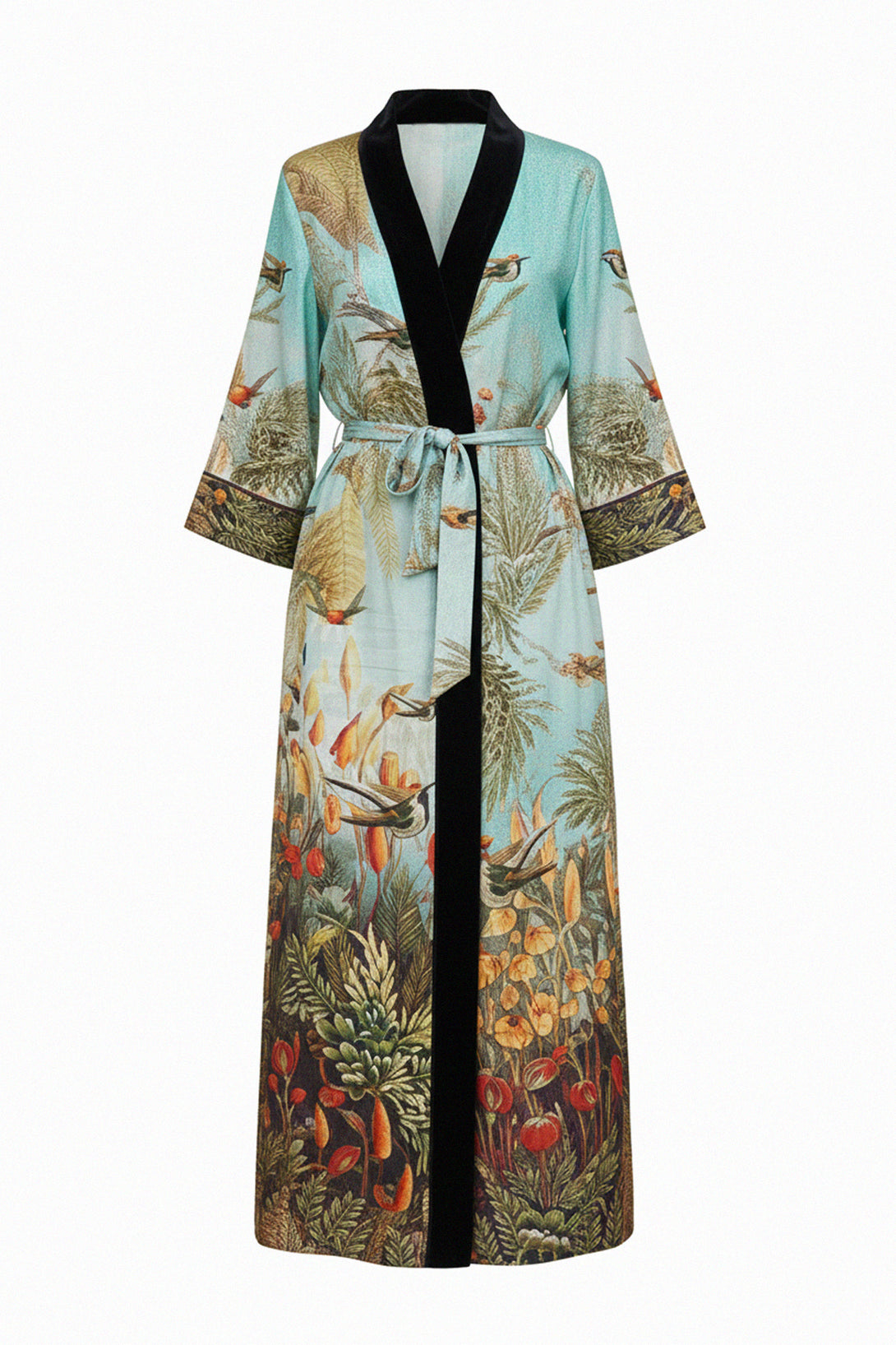 shahida parides, santorini trench coat, womens designer robe, luxury silk wear, printed kimono robe, kyle richards line