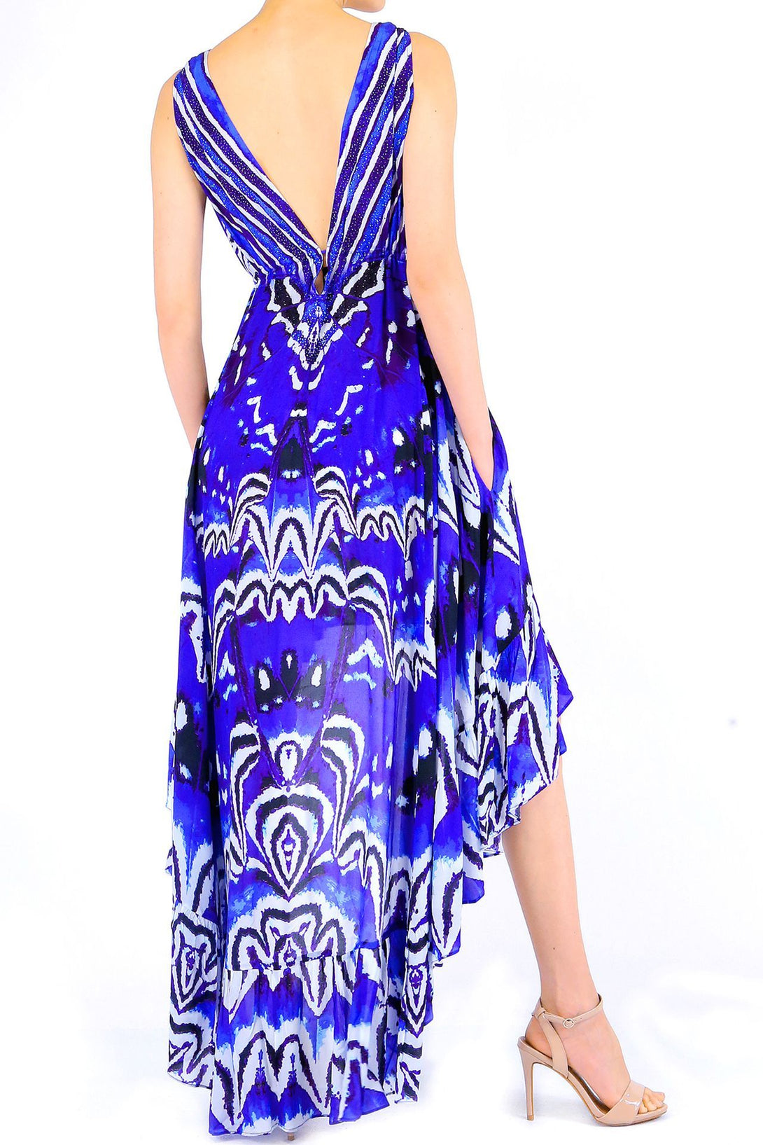  long blue dress formal, high and low cocktail dresses, plunging v neck formal dress, Shahida Parides,